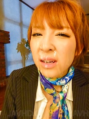 Hikaru Shiina in office suit gets cum on face from sucked tools