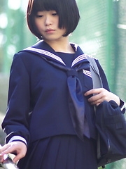 Minori is fresh, cute, and barely 18 years old. She never did chakuero shooting before so we started easy with Japanese schoolgirl cosplay and fan service! - Japarn porn pics at JapHole.com