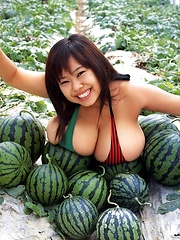 Fuko posing her watermelons tits next to real watermelons! - Japarn porn pics at JapHole.com