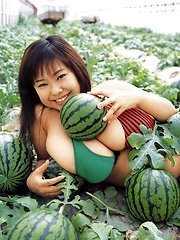 Fuko posing her watermelons tits next to real watermelons! - Japarn porn pics at JapHole.com