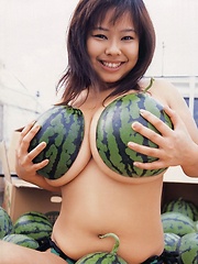Fuko posing her watermelons tits next to real watermelons! - Japarn porn pics at JapHole.com