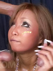 Riku Hinano Asian with long nails gets cum on face from two dongs - Japarn porn pics at JapHole.com