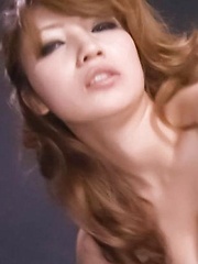 Misaki Aiba Asian gets cum from sucking and rubbing two shlongs