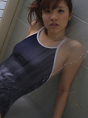 Cocoro Amachi Asian spoils hot body with shower over spandex suit - Japarn porn pics at JapHole.com