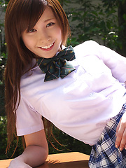 Schoolgirl Iyo Hanak poses at the open air in sexy skirt - Japarn porn pics at JapHole.com
