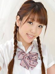 Mizuho Shiraishi Asian with pigtails and uniform sits with ass up - Japarn porn pics at JapHole.com