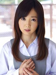 Mio Ayame Asian smiles and shows ass in panty under uniform - Japarn porn pics at JapHole.com