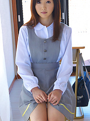Mio Ayame Asian smiles and shows ass in panty under uniform - Japarn porn pics at JapHole.com