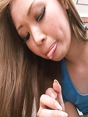 Ayumi Kobayashi Asian gets cum drops in mouth from dick she sucks - Japarn porn pics at JapHole.com