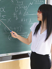 Yuri Hamada Asian shows sexy legs in stockings while teaching - Japarn porn pics at JapHole.com