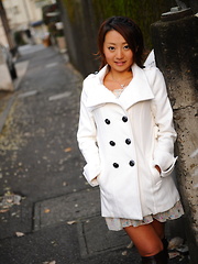 Hot girl You Shiraishi poses outdoor in coat - Japarn porn pics at JapHole.com