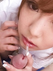 Miku Airi Asian in t-shirt sucks and licks cock till gets sperm - Japarn porn pics at JapHole.com