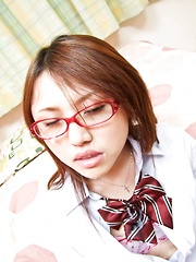 Rino Mizusawa Asian in uniform gets cum on specs from blowjobs - Japarn porn pics at JapHole.com