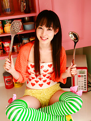 Rina Akiyama Asian in long colorful socks enjoys some sweets - Japarn porn pics at JapHole.com