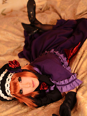 Saku Asian looks just like a doll in her mauve old times dress - Japarn porn pics at JapHole.com