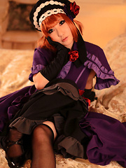 Saku Asian looks just like a doll in her mauve old times dress - Japarn porn pics at JapHole.com