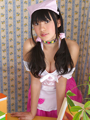 Tomoe Yamanaka Asian in pink maid uniform plays with teddy bear - Japarn porn pics at JapHole.com
